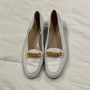 Salvatore Ferragamo- White and Gold Flats with Chain Detail